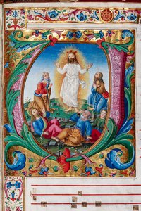 Piccolomini 图书馆：唱诗班手册，cod.29.13, ff.第 30r 页 "变容"，由佛罗伦萨插图画家绘制。细节。 作者 未知艺术家