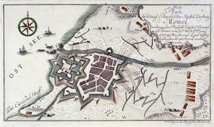 梅梅尔（今立陶宛克莱佩达）的平面图，1757 年 6 月 27 日至 7 月 5 日城市投降期间。1764 年彩色水蚀刻。 作者 未知艺术家