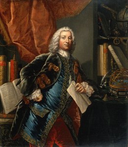 一位绅士在书房与科学仪器的肖像，约 1750 年 作者 未知艺术家