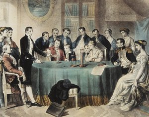 1801 年伏尔塔向第一执政拿破仑-波拿巴赠送电瓶实验（雕刻） 作者 未知艺术家