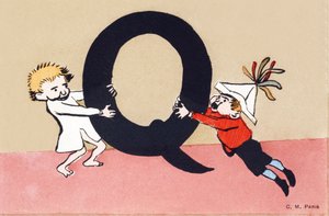 Q是争吵的意思 - 儿童字母表。C.M. editeur，巴黎。手绘明信片，邮资为1904年。尺寸：14 x 9 cm 作者 不明