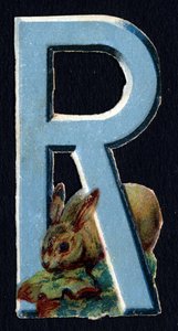 R喜欢兔子。 以动物为主题的甲虫 decoupis。 雕刻。 来自英国的 26 幅华夫饼彩色石版画系列。 编辑和插画师不详。 19 世纪末。 尺寸：5,5x3,5cm 作者 不明
