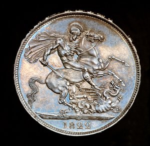 稀有英国硬币，乔治四世国王，银质王冠，英格兰守护神骑马持剑屠龙，Bernedetto Pistrucci 铸模 作者 未知艺术家