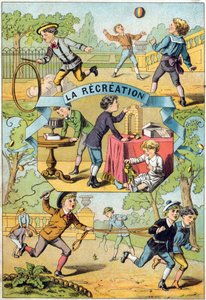 学校院子里的娱乐活动。在 "Alphabet des petits ecoliers "中的雕刻。埃皮纳尔的图像，约1885年。Privee收藏 作者 不明