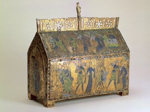 带有利物封圣瓦莱里亚生活场景的圣器棺材，约1175年（木头，铜金和珐琅彩） 作者 不明