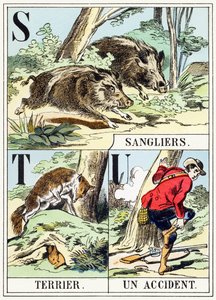 S T U ：Sanglier，Terrier，意外 - The Hunting Alphabet，c.1890（雕刻） 作者 不明