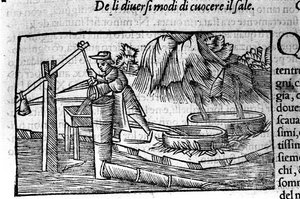 制盐、烹调。 Olaus Magnus (1490 - 1557) 的蚀刻，瑞典宗教和地理主题，“北方描述”，威尼斯 作者 不明