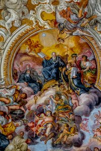 意大利西西里岛卡塔尼亚的圣本尼迪克特（San Benedetto）教堂。天花板壁画细节（18世纪）。圣本尼迪克特。(照片) 作者 不明