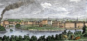 19 世纪 30 年代，美国马萨诸塞州洛厄尔市梅里马克（Merrimac）河和康科德河沿岸的纺织厂。19 世纪的彩色版画。 作者 未知艺术家