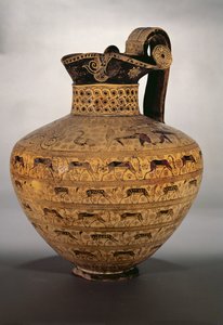 “Levy Oinochoe”，一个东希腊东方花瓶，装饰着一排排神话般的动物和野山羊，野山羊风格，公元前 650 年（陶器） 作者 不明