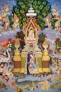 佛陀的一生》，壁画，马尼拉塔纳拉姆寺，金边，2022 年（照片） 作者 未知艺术家