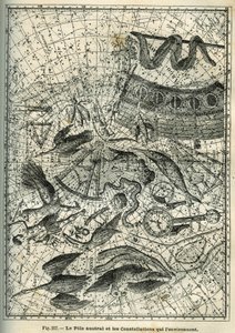 南极点和周围的星座：南极点有许多星座，其中包括印度星座、凤凰星座、鳊鱼星座、八分圆星座、时钟星座、指南针星座和船星座。 卡米尔·弗拉马里翁 (Camille Flammarion) 的《Les étoiles et les autres c》的雕刻 作者 未知艺术家