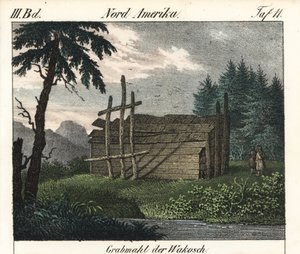 若山印第安人的木墓（加拿大）。为书籍平版印刷：Friedrich Wilhelm Goedsche（1785-1863 年）著，迈森版（德国）"Galerie complete en tableaux fideles des peuples d