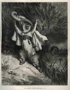 靴猫在呼救。古斯塔夫-多尔（Gustave Dore，1832-1883）根据查尔斯-佩罗（Charles Perrault，1628-1703）的 "Les contes "绘制的版画。 作者 不明