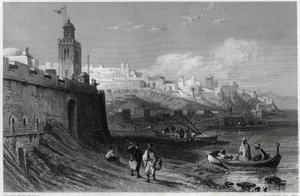 法国记者兼旅行家路易斯·埃诺（Louis Enault，1824-1900 年）在关于地中海的书中描绘了 19 世纪防御工事丹吉尔风景如画的港口。 Louis Enault, LA MEDITERRANEE SES ILES ET SES BORDS, Morizot 作者 不明