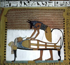 工匠的坟墓。埃及卢克索 Deir El Medineh 遗址，被阿努比斯神防腐的 Sennedjem 木乃伊。19 世纪初。