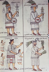 Tzapotlatena, Chalchiuhtlatonal, Cioapipitli and Tliltecuhtli, 佛罗伦萨抄本，西班牙语和纳瓦特尔语双语版本，《新西班牙事物通史》（Historia general de las cosas de Nueva Espana），Aztec 作者 未知艺术家
