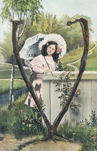 V : 一个身穿粉红色连衣裙，头上戴着头饰，手里拿着阳伞的年轻女孩站在一个农村环境中 - 字母表参考 Th. E., L. Theochrom - Serie 994.西奥多-艾斯曼，出版商，莱比锡 作者 不明