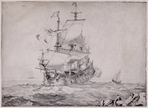海上发射大炮的船只--皮埃尔-普热（1620-1694 年）17 世纪的绘画 太阳 23x32.5 厘米 马赛格罗贝特-拉巴迪博物馆 作者 未知艺术家