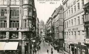 维也纳：Kohlmarkt 街，背景为 Michaelerkirche 大教堂 作者 未知艺术家