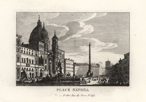 纳沃纳广场 (Piazza Navona) 的景色，拥有喷泉、埃及方尖碑和罗马 Agone 的圣艾格尼丝教堂 作者 不明