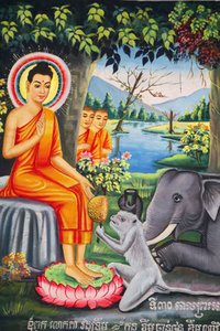 在Wat Pitchey Udong的壁画：佛祖的生活场景。佛祖在斋戒时被猴子喂食 柬埔寨贡布市 作者 不明