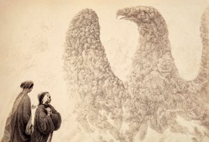 在朱庇特之球中，但丁看到被祝福的灵魂排列成象征帝国的鹰的形状。但丁-阿利吉耶里所著《神曲》天堂篇第十八节插图。弗朗切斯科-斯卡拉穆扎献给门神的作品 作者 未知艺术家