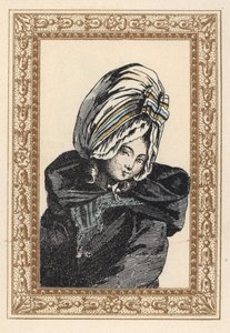 身披夜行斗篷，头戴大号 "妖娆 "帽子的女子。夜发，有妖娆。de Laubadere 手工绘制的彩色石版画，选自 Octave Uzane 的《路易十六国王时代的时髦发型或古怪服饰》，《时髦发型》，《古怪发型》，Rouv 作者 未知艺术家