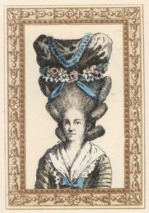 戴着用丝带和花环系成的 Gabrielle Vergy 花帽的女子。Gabrielle Vergy 帽子，灵感来自 1777 年 Dormont De Belloyd 的悲剧。de Laubadere 根据 Octave Uzane