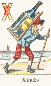 X : Xeres，一个男孩背着一大瓶酒 - Games Alphabet，c.1890（雕刻） 作者 不明