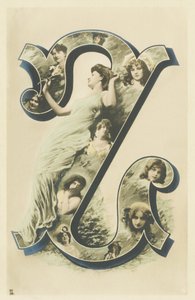 Z : photo-portrait de femme dans un long drape bleu, plusieurs bustes de femmes dans la lettre - Alphabet portraits de femmes. A. L. editeur 作者 不明