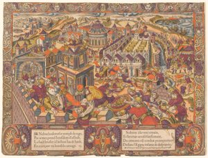 Jerusalem est prise & brulee, le Roy Sedecias a les yeux crevez.Et Jeremie est mene en Babilone.(耶路撒冷被攻占并烧毁；塞琉西王被挖去双眼。耶利米被带到巴比伦。耶利米书 39-43），第 6 期，《耶利米的故事 作者 不明