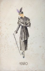 穿着大衣和带羽毛的帽子，拿着雨伞的模特，1920年 作者 不明