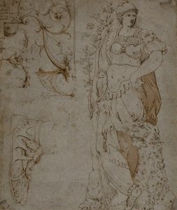 三幅素描：毅力、凉鞋和怪人（正面）；怪人素描和罗马铠甲（背面） 作者 不明