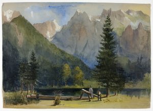 阿尔卑斯山下池塘边的两个人 作者 不明