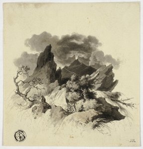 山中狂风暴雨，远处火山喷发 作者 不明