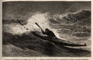 A Greenland kayak, passing the wave barrier. Engraving to illustrate the voyage to the free sea of the Arctic pole, by Doctor Hayes, surgeon of the United States Navy, in 1860-1862, published in “Le tour du monde, nouveau journal des voyages”, edited by Ed 作者 未知艺术家