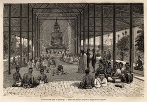 在柬埔寨吴哥附近的一座寺庙里举行的和尚受戒仪式。 说明印度支那探险之旅的版画，由弗朗西斯·加尼尔 (Francis Garnier) 于 1866-1868 年创作，发表于“Le tour du monde””，1870-1871 年编辑 作者 Unknown artist