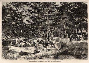 江户（今东京）郊区的资产阶级野餐（或野餐），在一个织物围栏内，客人，通常是两个家庭）分享他们的食物，并且经常适合音乐家、舞者和哑剧的场合。说明航行的雕版画ag 作者 未知艺术家