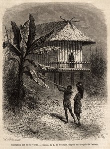 A couple of Indians from Rio Verde (Brazil) the man with his sarbacan, in front of a typical house on stilts. Engraving to illustrate the voyage to New Granada, by Dr. Saffray, in 1869, published in “” Le tour du monde””” 1873, edited by Edouard Charton, e 作者 未知艺术家