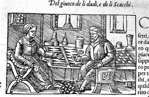 一对夫妇在玩骰子。 奥劳斯·马格努斯 (Olaus Magnus) 于 1560 年在罗马创作的《Historia de gentis septemtriionalis》之后的雕刻。 作者 未知艺术家
