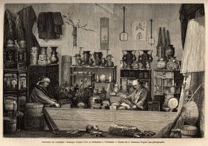 横滨的古玩店。 1863 年至 1864 年，瑞士联邦大臣艾米·亨伯特 (Aime Humbert) 为说明前往日本的航行而绘制的版画，发表于“世界之旅”(Le tour du monde) 1869 年，爱德华·查顿 (Edouard Charton) 编辑，巴黎阿歇特 (Hachette) 版。 塞尔瓦收藏 作者 未知艺术家
