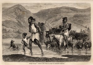 一家 Kabyle 牧羊人穿过 Wadi Djema 前往该地区最重要的 Beni Menguellet 游行； 一家之主首先冒险，其次是他的家人和他的牛群，首先是羊，然后是大部分牛。 英 作者 未知艺术家