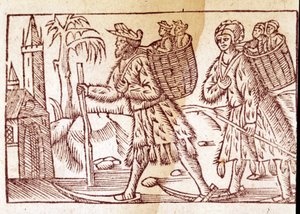 一个挪威人在滑雪板上旅行。 Olaus Magnus (1490 - 1557) 雕刻，瑞典宗教和地理学家，“Historia de Gentis Septentrionalibus”，威尼斯 作者 未知艺术家