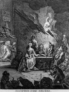 A girl is received by a witch, surrounded by monstrous creatures (at an initiation ceremony?). Engraving of the 17th century 作者 未知艺术家
