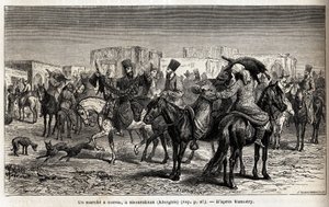 在舒拉罕（吉尔吉斯斯坦或吉尔吉斯斯坦）骑马。 埃米尔·贝亚德 (Emile Bayard，1837-1891 年) 的画作，说明 1863 年，阿米纽斯·万贝里 (Arminius Vambery)（伪装成苦行僧的匈牙利科学家）前往中亚的旅程。 版画《Le tour du monde》，江户编 作者 未知艺术家