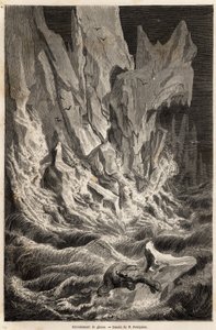 A polar bear derive on an iceberg, after the collapse of a block of ice from Spitzberg, an archipelago of the Arctic Ocean, drawing by V.Foulquier, to illustrate the Spitzberg in 1838-1839, by Charles Martins. Engraving in “” Le tour du monde””, edited by  作者 未知艺术家