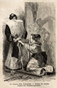 武士的厕所，年轻的女仆帮她系和服。 雕刻说明 1863 年至 1864 年前往日本的航行，由瑞士联邦部长艾梅·亨伯特 (Aime Humbert) 在指导下出版的“Le tour du monde, nouveau journal des voyages”中 作者 未知艺术家