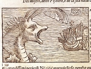 A sperm whale (?) (physeter) attacks a ship. Engraving by Olaus Magnus (1490 - 1557), Swedish religious and geographer, “Historia de Gentis Septentrionalibus”, Venice 作者 未知艺术家
