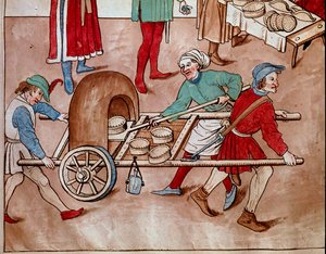 行走的面包师。 Ulrich Richental (1360-1437) 1438 年《康斯坦茨议会编年史》的缩影，约布拉格，国家图书馆 作者 未知艺术家